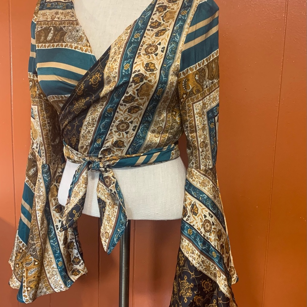 Cider Teal and Gold Patterned Wrap Blouse - Picture 3 of 11